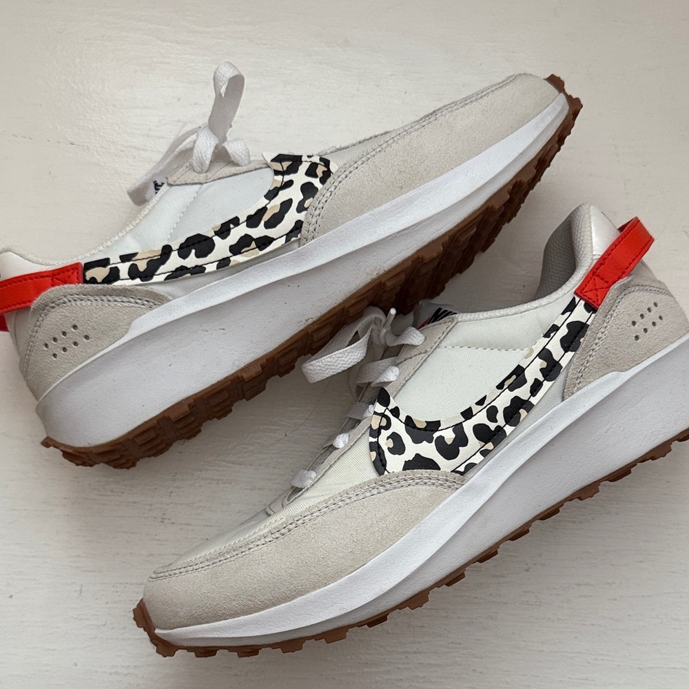 NWOT NIKE TRAINERS - OFF WHITE WITH ANIMAL PRINT SWOOSH